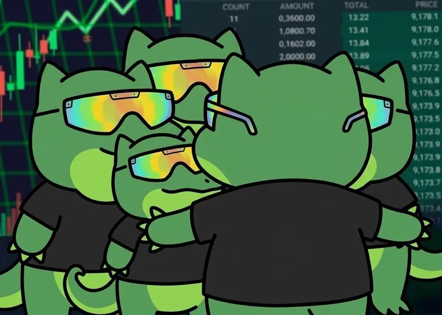 A crowd of ANOXX lookalikes in front of a trading screen, every one in shades
