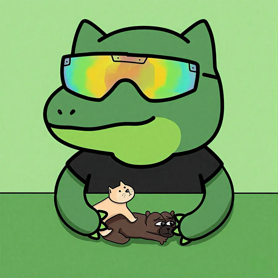 ANOXX sitting with a baby and a cat on a green background