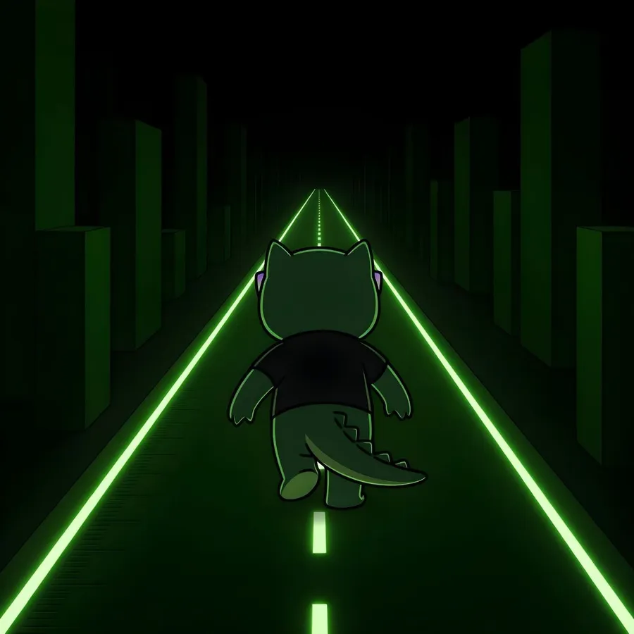 ANOXX walking down a neon green road between dark towers