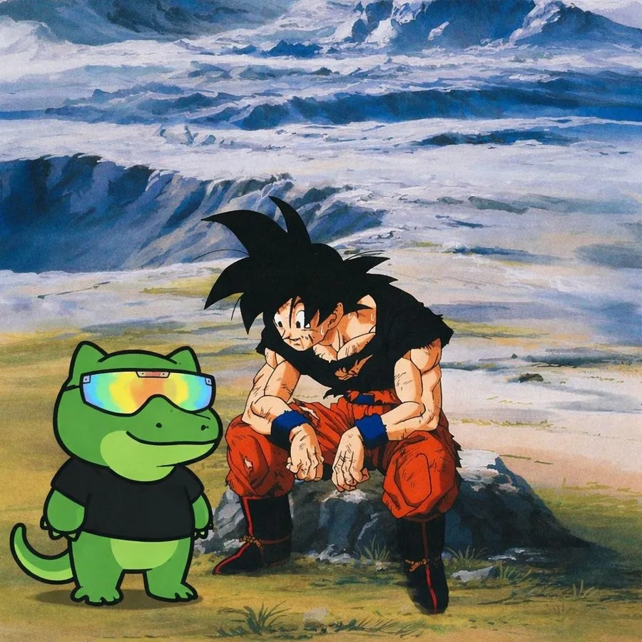 ANOXX sitting on a rock beside two Saiyan fighters